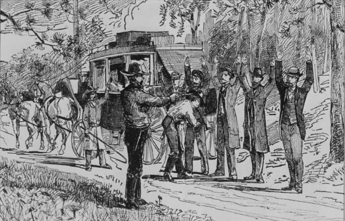 Framed Print : Jesse James and Bill Ryan robbing a stage coach of tourists on their way to Mammoth Cave on September 3, 1880. The picture accurately records the scene as described by a witness Framed Print : Jesse James and Bill Ryan robbing a stage coach of tourists on their way to Mammoth Cave on September 3, 1880. The picture accurately records the scene as described by a witness