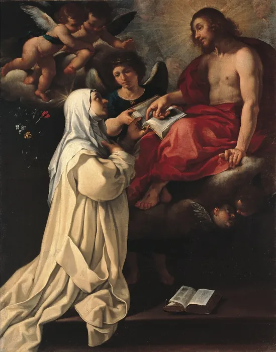 Framed Print : Jesus Appears to the Blessed Margaret the Carthusian, by Rutilio Manetti, 1618 - 1620 about, 17th Century, oil on canvas, cm 220 x 160 - Italy, Tuscany, Florence