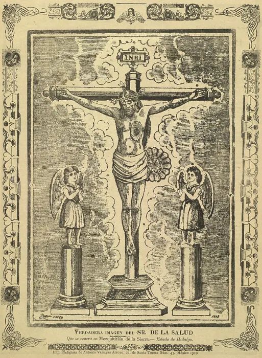 Framed Print : Jesus Christ, broadside depicting a crucifix flanked by statues of angels, titled: 'True Image of Our Lord of Health which is venerated in Mezuititlan de la Sierra