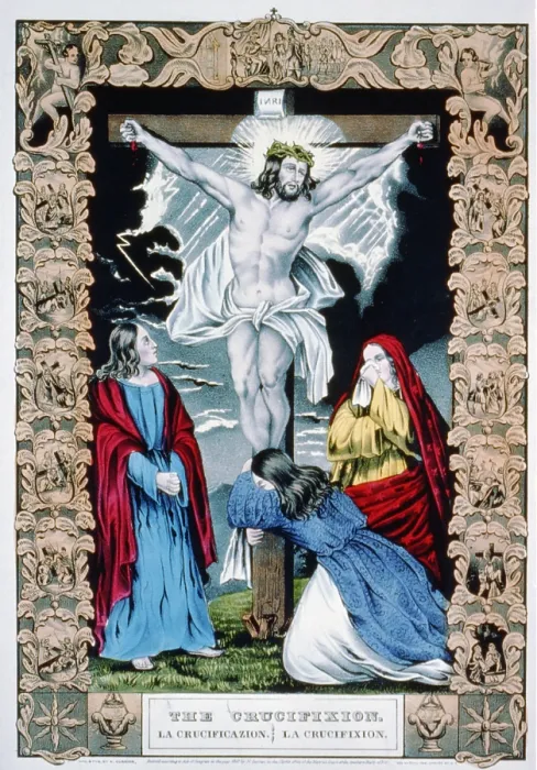 Framed Print : Jesus Christ, the Crucifixion, hand colored lithograph, published by N. Currier, 1848