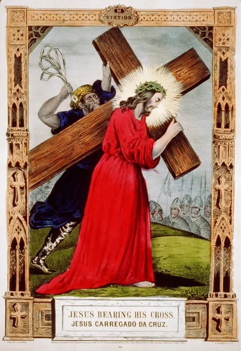 Framed Print : Jesus Christ, Jesus bearing his cross, hand colored lithograph, published by N. Currier, 1848