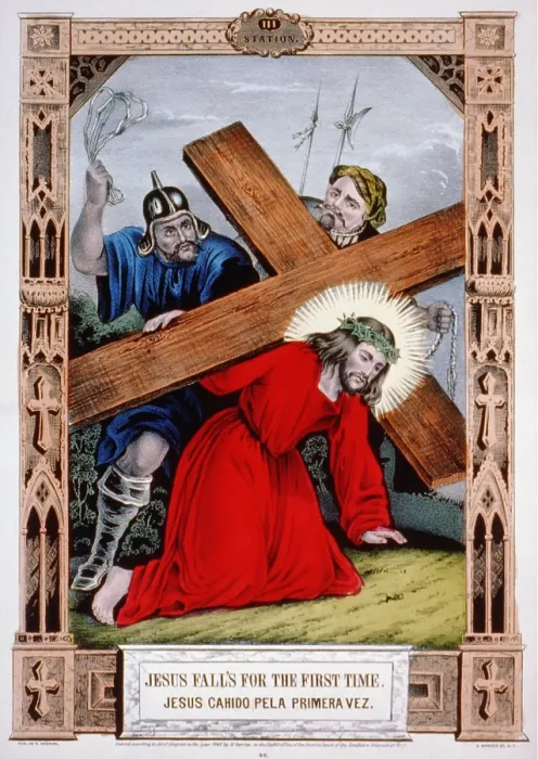 Framed Print : Jesus Christ, Jesus falls for the first time, hand colored lithograph, published by N. Currier, 1848 Framed Print : Jesus Christ, Jesus falls for the first time, hand colored lithograph, published by N. Currier, 1848