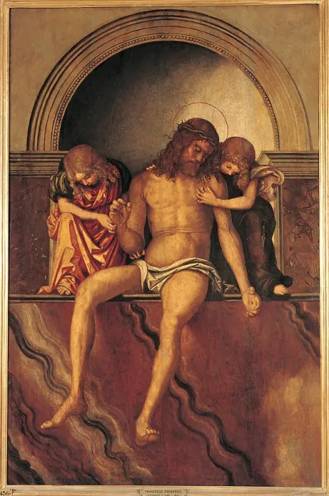 Framed Print : Jesus Christ Supported by Two Angels, by Bernardino Zaganelli, 16th Century, - Italy, Lombardy, Milan, Brera art gallery