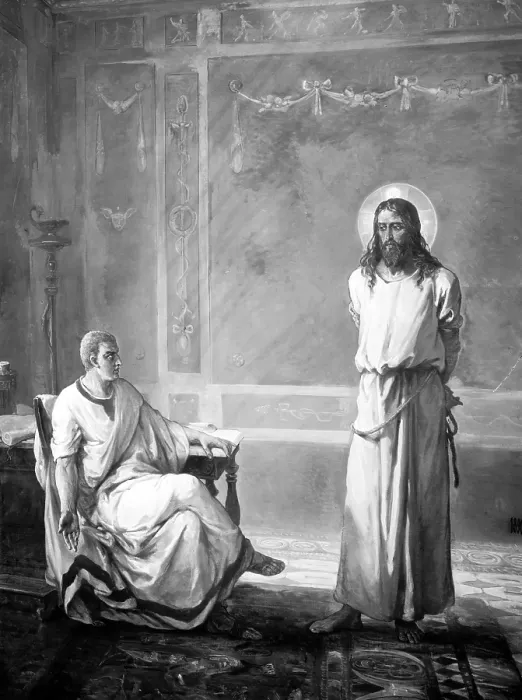 Framed Print : Jesus Christ, title: Jesus Christ tried by Pilate, from Christ's Passion set of paintings by Kosheleff, circa early 1900s