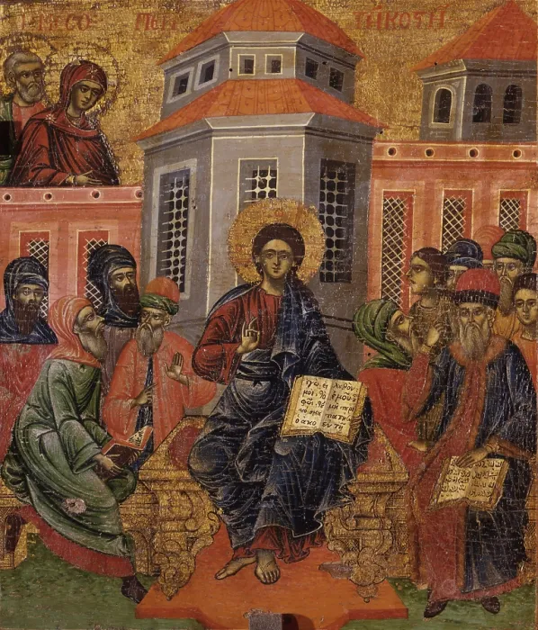 Framed Print : Jesus among the Doctors, by Unknown Artist, tempera on wood - Albania. Whole artwork view. Icon fromthe church of St. Nicholas in Peroni