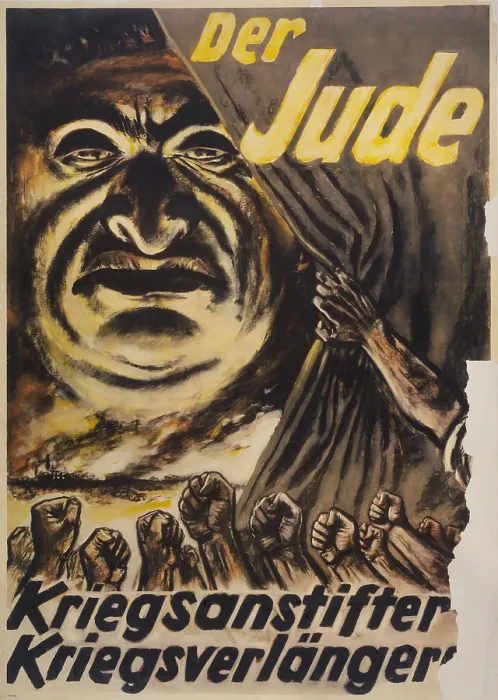 Framed Print : The Jew: Warmonger, War Elongater'. 1940s German Anti-Semitic Poster. It accuses Jews of starting World War 2 and of perpetuating it