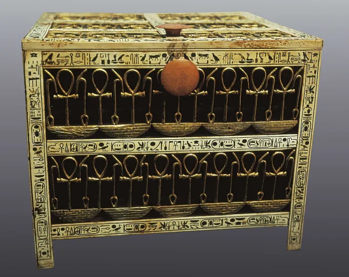 Framed Print : Jewelry and amulets casket. 1333 BC. Wood and ivory with gold and silver overlay. From Tutankhamun's Tomb. Egyptian art. New Kingdom. Furniture. EGYPT. Cairo. Egyptian Museum