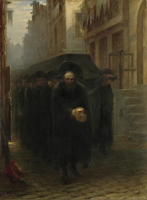 Framed Print : A Jewish Funeral, by Hein Burgers, c. 1860-1880, Dutch painting, oil on canvas. A funeral procession in a narrow city street led by a man with a golden collection jar