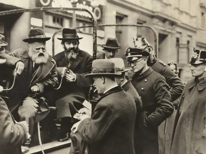 Framed Print : Jewish men stopped and interrogated by police and a Nazi uniformed man, April 12, 1933