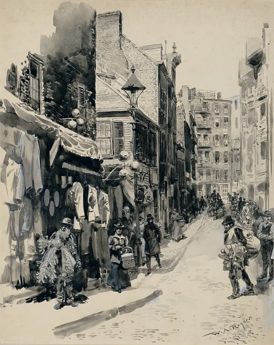 Framed Print : Jewish neighborhood in Boston Street. Scene of peddlers, women carrying baskets, and men walking on the sidewalks of a narrow street. Ca. 1899 by William Allen Rogers