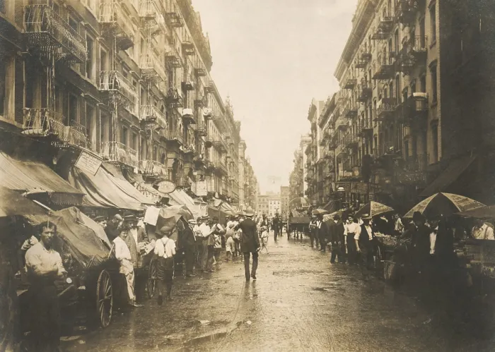 Framed Print : Jewish pushcart peddlers on Orchard St. on New York's Lower East Side. Photo was taken from Rivington St. c. 1900-1910 (BSLOC_2018_1_77)