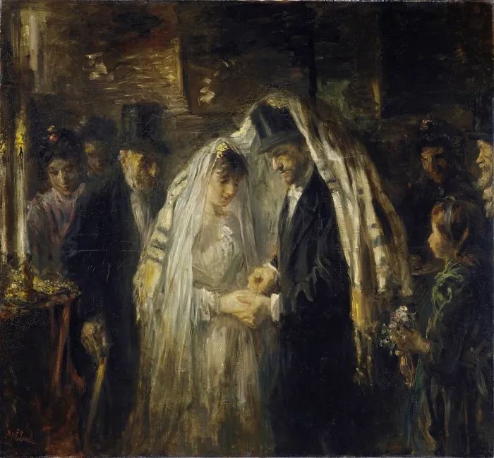 Framed Print : Jewish Wedding, by Jozef Israels, 1903, Dutch painting, oil on canvas. The bride and groom are under the prayer shawl, as he places the ring on her finger