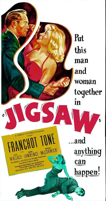 Framed Print : JIGSAW, US poster, top from left: Franchot Tone, Jean Wallace, 1949
