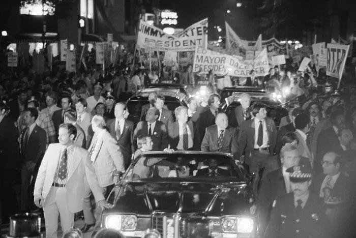 Framed Print : Jimmy Carter and Mayor Richard J. Daley ride in a torchlight parade during a campaign stop in Chicago Illinois. Sept. 9. 1976
