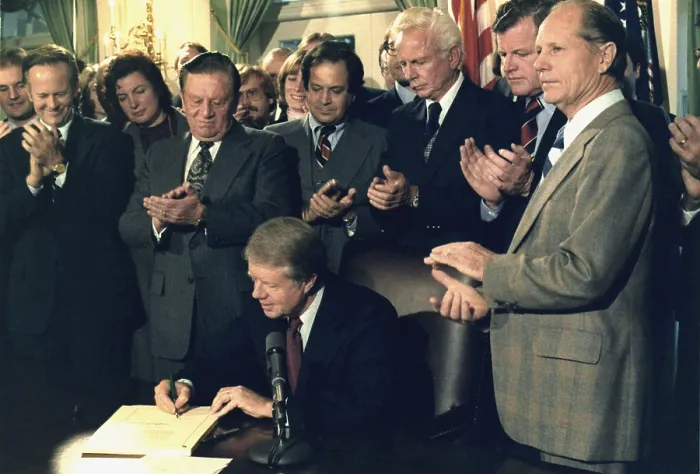 Framed Print : Jimmy Carter signs Airline Deregulation Act authored by Senators Edward Kennedy and Howard Cannon