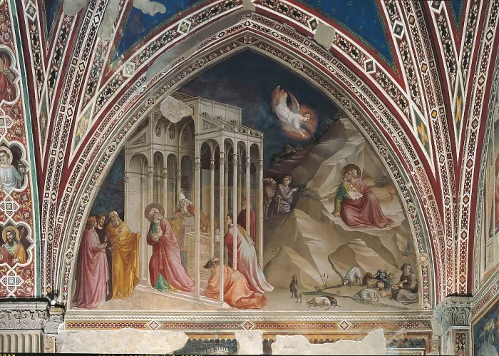 Framed Print : Joachim Expelled from the Temple and Annunciation to Joachim, by Taddeo Gaddi, 1338 - 1340 about, 14th Century, fresco, - Italy, Tuscany, Florence, Santa Croce Basilica. All Framed Print : Joachim Expelled from the Temple and Annunciation to Joachim, by Taddeo Gaddi, 1338 - 1340 about, 14th Century, fresco, - Italy, Tuscany, Florence, Santa Croce Basilica. All