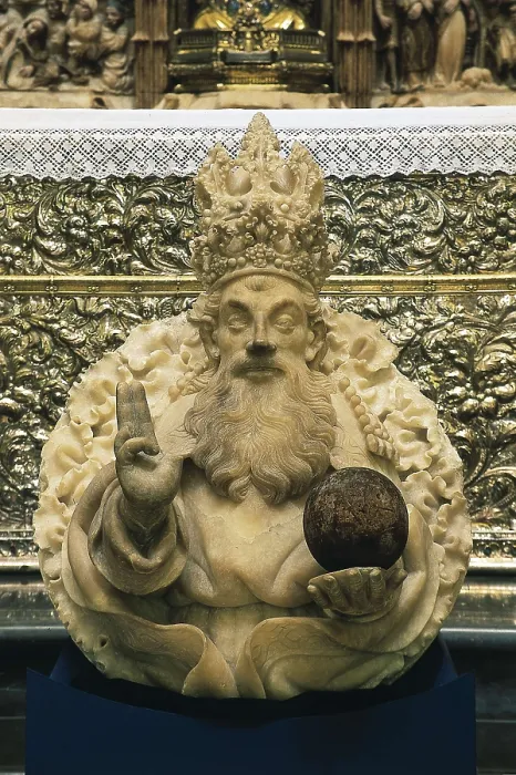 Framed Print : JOAN, Pere or Pere Johan (1398-1458). Saviour. ca. 1446. He holds the world ball. Work attributed. Relief on marble. SPAIN. Barcelona. National Art Museum of Catalonia