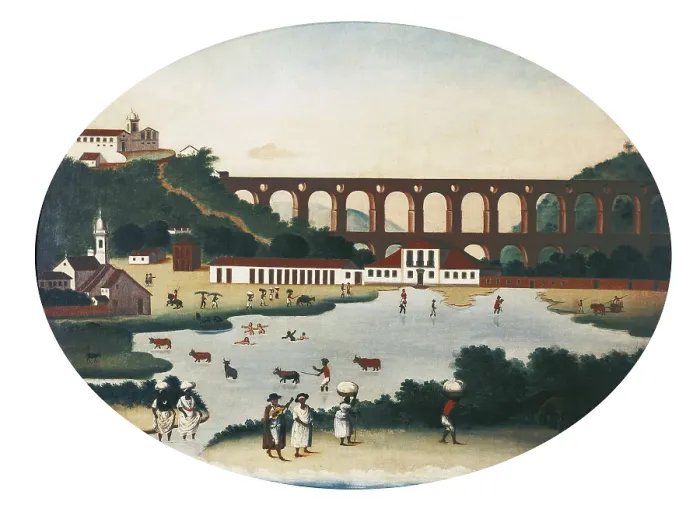Framed Print : JOAQUIM, Leandro (1738-1798). View of the Lagoon of Boqueirao and the Acqueduct of Santa Teresa. 18th c. Colonial baroque. Oil on canvas. BRAZIL. Rio de Janeiro