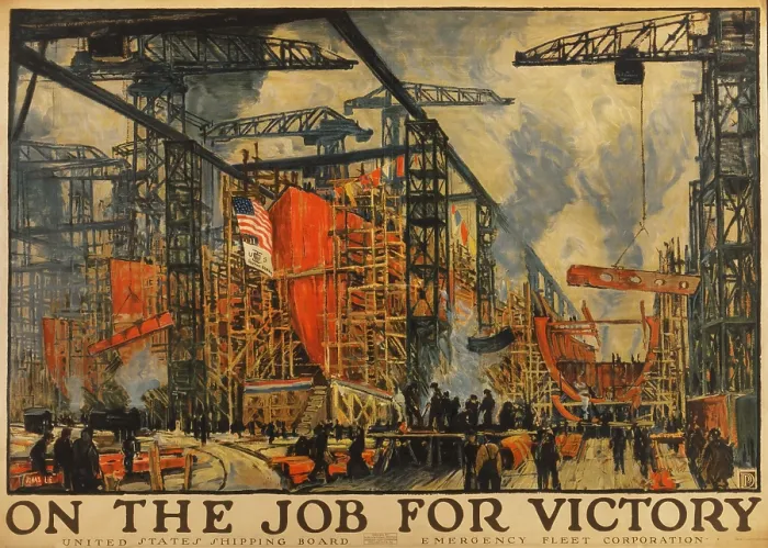Framed Print : ON THE JOB FOR VICTORY. American Impressionistic painting of busy shipyard during World War 1