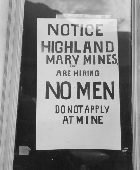 Framed Print : No Jobs Available Sign. Notice-Highland Mary Mines are hiring NO MEN-Do not apply at Mine'. Silverton Colorado Sept. 1940