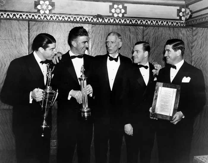 Framed Print : Joe DiMaggio, Carl Hubbell, Connie Mack, Al Horowitz and Mickey Cochrane at the annual Philadelphia Sporting Writers Association dinner, 1938