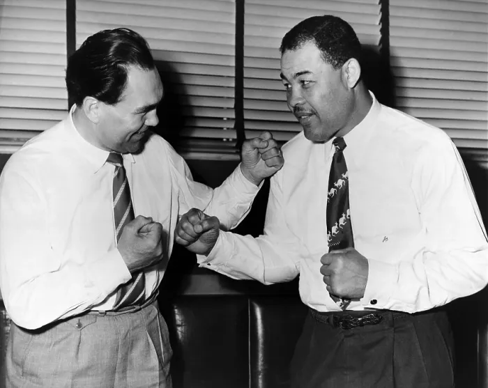 Framed Print : Joe Louis and Max Schmeling mock box with each other while wearing white shirts and ties, Chicago