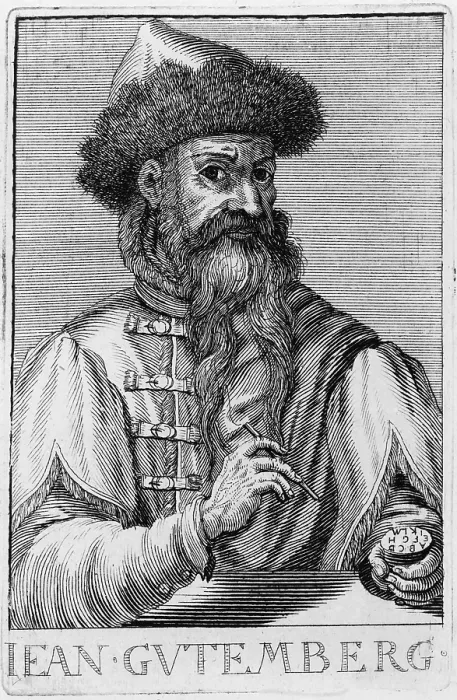 Framed Print : Johann Gutenberg (1400-1468) first European who used movable type, holding printing tools. Portrait based on 1450 painting