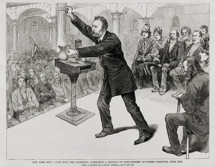 Framed Print : Johann Most, a German immigrant and anarchist, speaking at Copper Institute in New York City, April 4, 1887