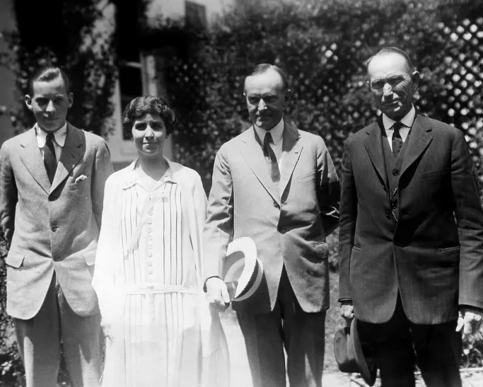 Framed Print : John Coolidge, Grace Coolidge, President Calvin Coolidge and Col. John Coolidge walking on the White House grounds, circa 1923. Courtesy: CSU Archives / Everett Collection