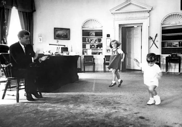 Framed Print : John F. Kennedy, in Oval Office with children Caroline Kennedy and son John F. Kennedy Jr. 1962. Courtesy: CSU Archives  /  Everett Collection