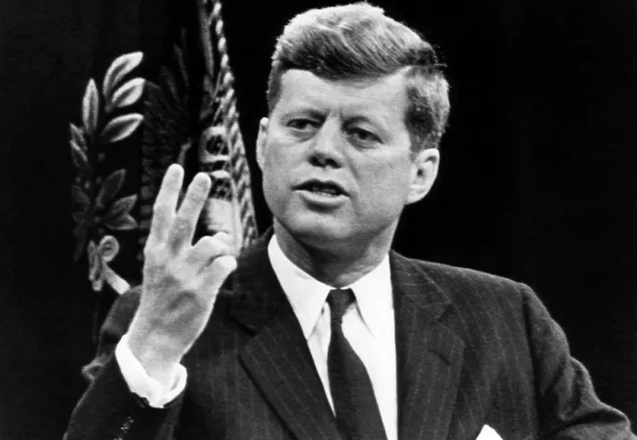 Framed Print : John F. Kennedy, stating that the U.S. is running second in the space exploration race. No amount of money could enable the U.S. to beat Russia to the Moon with the Saturn Rocket