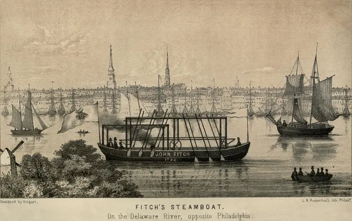 Framed Print : John Fitch's steamboat on the Delaware River at Philadelphia was the first operation steam powered ship. 1787. lifeofrobertfult00reigrich_0215