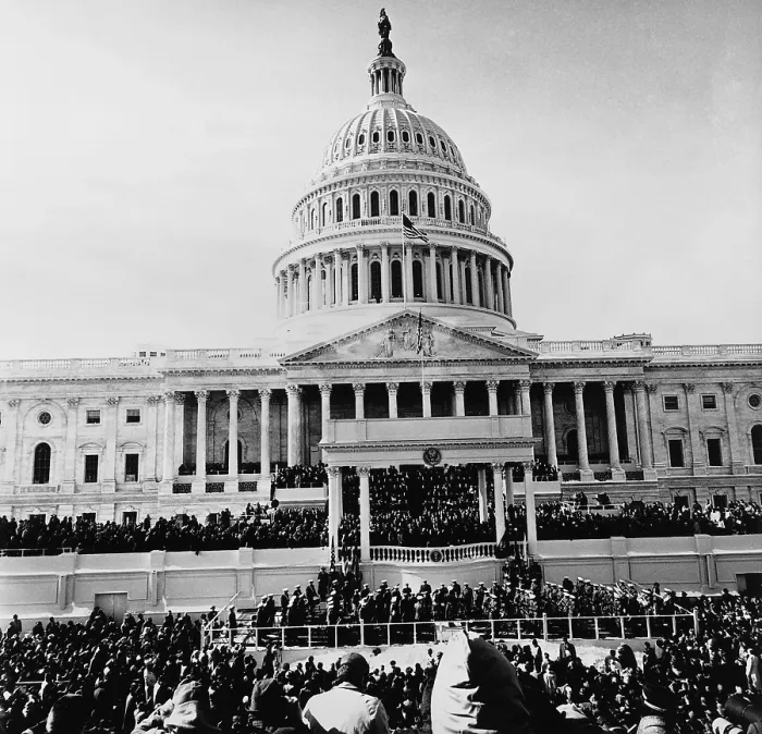 Framed Print : John Kennedy is sworn in as 35th President of the United States. View of the East Front of the Capitol from the press scaffold. Jan. 20, 1961
