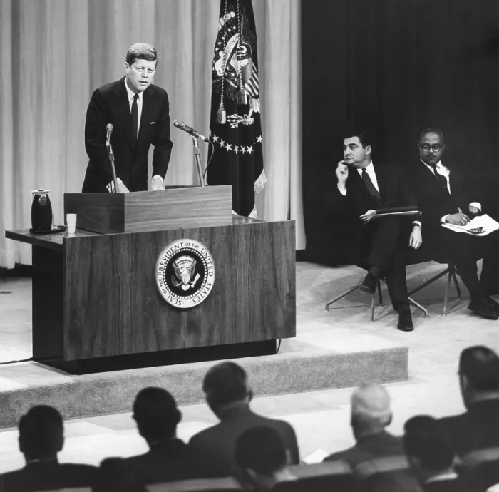 Framed Print : John Kennedy's first press conference as President. At right are Press Secretary Pierre Salinger; Associate Press Secretary Andrew Hatcher. Jan. 27, 1961. - (BSLOC_2015_1_151)
