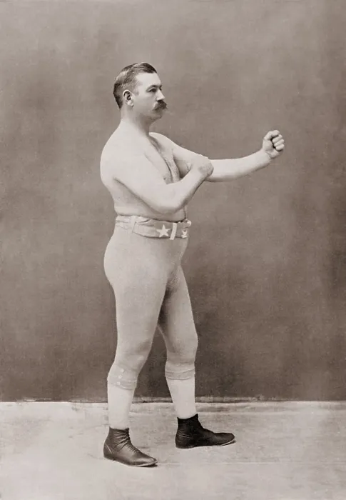 Framed Print : John Lawrence Sullivan, the bare-knuckle champion in a boxing stance, 1898