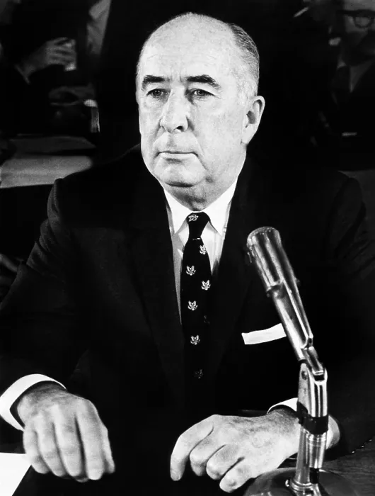 Framed Print : John Mitchell before Senate Judiciary Committee on March 14, 1972. The former Attorney General was questioned about the ITT anti-trust case Framed Print : John Mitchell before Senate Judiciary Committee on March 14, 1972. The former Attorney General was questioned about the ITT anti-trust case