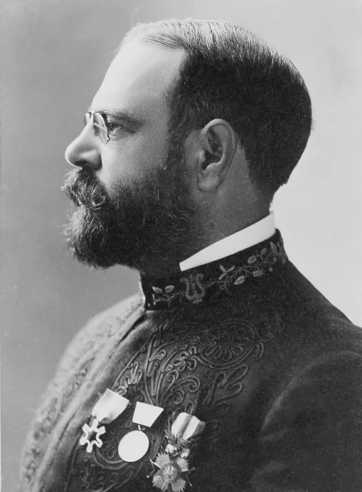 Framed Print : John Philip Sousa (1854-1932), wearing band uniform with medals. After retiring from the Marines, Sousa formed his own band and toured Europe and America. Ca.1900