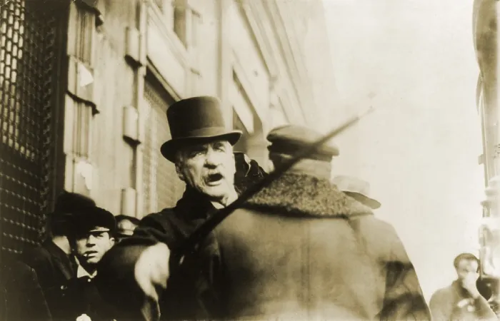Framed Print : John Pierpont Morgan (1837-1913), American financier, striking photographer with cane on May 11, 1910
