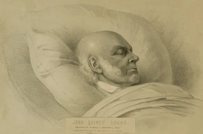 Framed Print : John Quincy Adams (1767-1848), a few hours previous to death as he lay unconscious in the Rotunda after suffering a stroke. February 23, 1848 Framed Print : John Quincy Adams (1767-1848), a few hours previous to death as he lay unconscious in the Rotunda after suffering a stroke. February 23, 1848