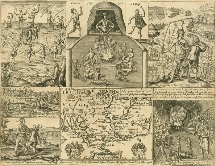 Framed Print : John Smith's adventures in Virginia are depicted in 6 scenes plus a map of the Virginia coast Framed Print : John Smith's adventures in Virginia are depicted in 6 scenes plus a map of the Virginia coast