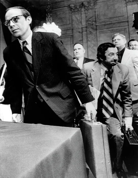Framed Print : John W. Dean III (left), Robert McCandless (3rd from left), leaving after Dean's testomony before the Senate Watergate Committee, June 29, 1973