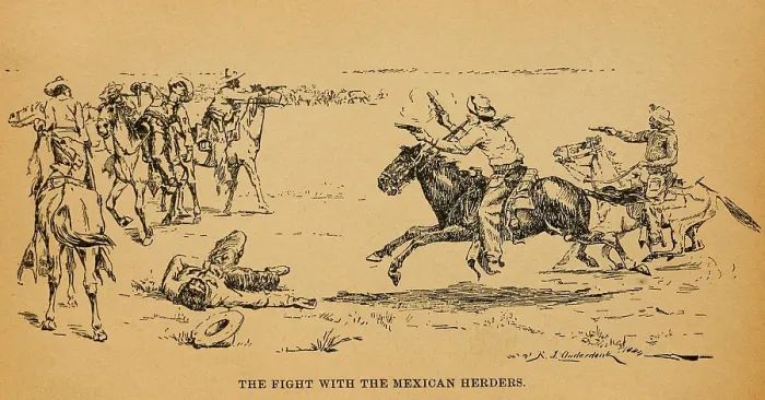 Framed Print : John Wesley Hardin in a fight with Mexican Vaqueros at the end of a cattle drive up the Chisholm Trail to Abilene, Kansas