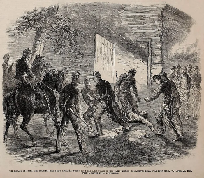 Framed Print : John Wilkes, the assassin of President Abraham Lincoln, dying from a soldiers bullet, is dragged from a burning barn, April 26, 1865