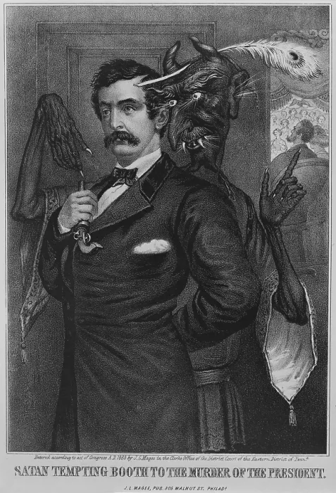 Framed Print : John Wilkes Booth, is goaded by a Mephistophelian figure to shoot President Abraham Lincoln, who is visible in a theater box beyond (right) Framed Print : John Wilkes Booth, is goaded by a Mephistophelian figure to shoot President Abraham Lincoln, who is visible in a theater box beyond (right)