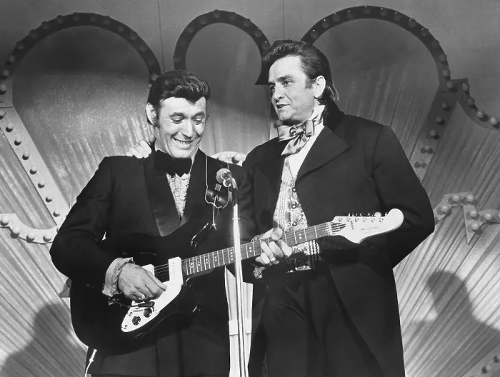 Framed Print : THE JOHNNY CASH SHOW, from left: Carl Perkins, Johnny Cash, The History of Country Music, Part 1, (Season 2, Episode 217, aired January 20, 1971), 1969-1971 Framed Print : THE JOHNNY CASH SHOW, from left: Carl Perkins, Johnny Cash, The History of Country Music, Part 1, (Season 2, Episode 217, aired January 20, 1971), 1969-1971