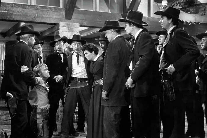 Framed Print : JOHNNY GUITAR, Ben Cooper (on knees, left), Mercedes McCambridge (black dress), 1954
