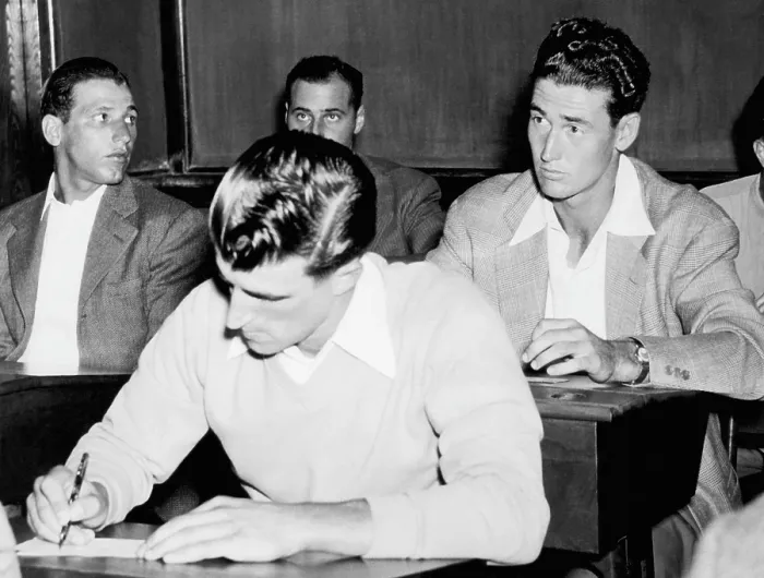 Framed Print : Johnny Presky (left), Ted Williams (right) in Mechanics Art High School studying to apply for flight school in the US Navy. July 28, 1942. CSU Archives Courtesy Everett Collection
