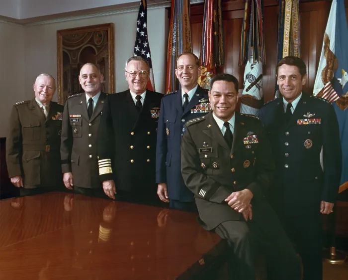 Framed Print : The Joint Chiefs of Staff gather for an informal portrait at the Pentagon on Dec. 7 1989. L to R Alfred M. Gray commandant of the Marine Corps Carl E