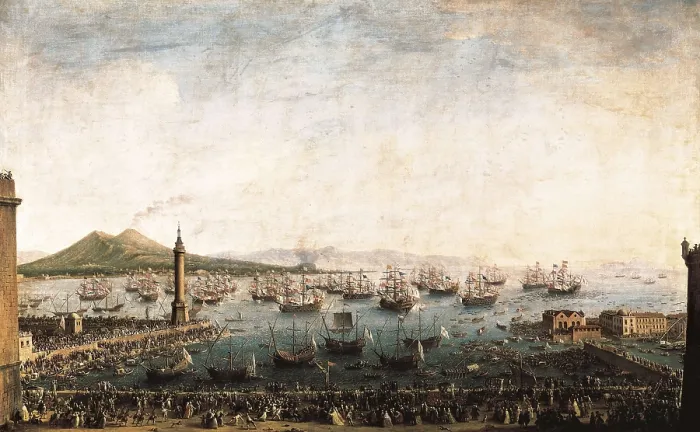 Framed Print : JOLI de DIPI, Antonio (1700-1770). The Embarkation of Charles III in the Port of Naples. ca. 1759. In the foreground, in a car, there is the Marquess of Tanucci, Prime Minister Framed Print : JOLI de DIPI, Antonio (1700-1770). The Embarkation of Charles III in the Port of Naples. ca. 1759. In the foreground, in a car, there is the Marquess of Tanucci, Prime Minister