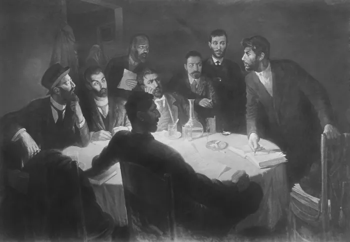 Framed Print : Josef Stalin leading a meeting with his comrades in the revolutionary movement. Reproduction of a painting by the artist I.Z. Vepkhvadze. Ca. 1900. (CSU_2015_11_1387)